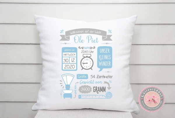 ♥ Kissen mit Namen und Geburtsdaten ★ von Lüttentüddel® ♥ Wunschname KITA Einschulung Geburtstag Geburt Taufe Geburtskissen